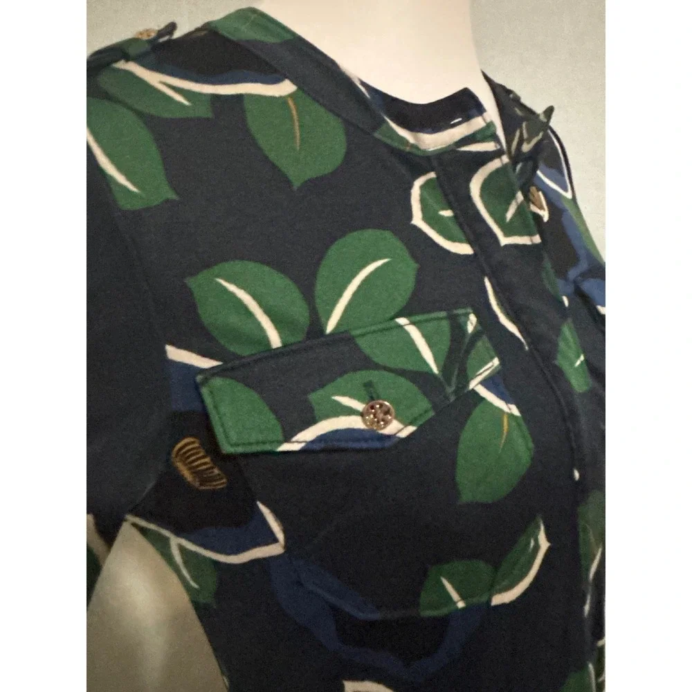 Tory Burch Navy Blue Floral Long Sleeve Shift Dress with Pockets Size Small